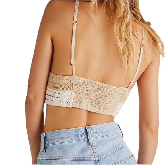 Free People Another Weekend Longline Lace Crochet Cream Tan Purple Bralette L - Picture 8 of 9